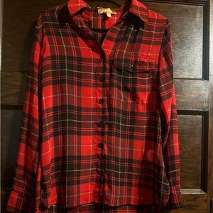 Ellen Tracy Red and Black Plaid, Sheer Button Up, EUC, ,XS